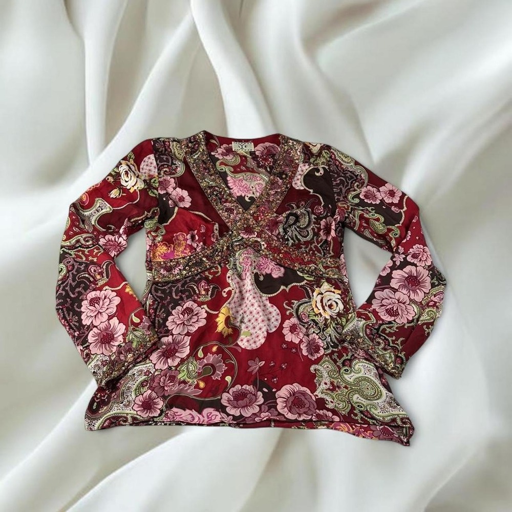 ICE 100% silk maroon pink floral paisley beaded babydoll bell sleeve top y2k